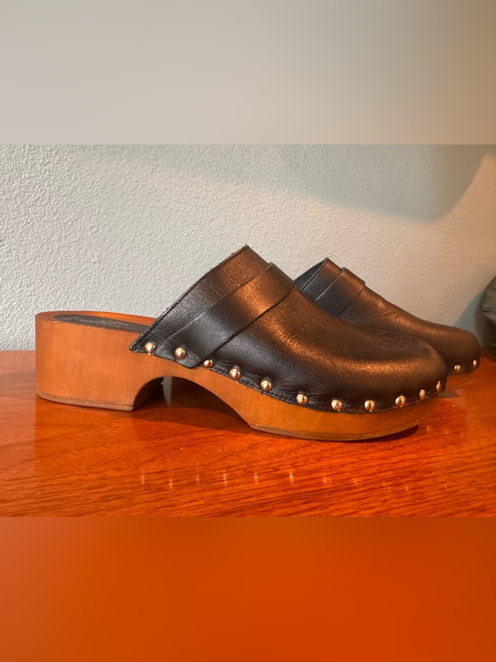 Seychelles Black Leather Studded Clogs with Wood-Look Sole